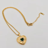 Green Zircon Stainless Steel Textured Heart Pendant Necklace