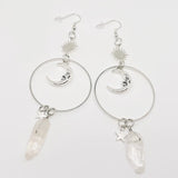 Silver Star Moon White Crystal Pendant Earrings