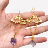 Golden Hollow Butterfly Tassel Long Chain Amethyst Earrings